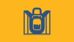 Blue Hiking backpack icon isolated on orange background. Camping and mountain exploring backpack. 4K Video motion graphic animation .