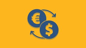 Blue Money exchange icon isolated on orange background. Euro and Dollar cash transfer symbol. Banking currency sign. 4K Video motion graphic animation .