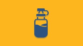 Blue Sport bottle with water icon isolated on orange background. 4K Video motion graphic animation .