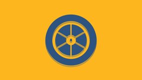 Blue Bicycle wheel icon isolated on orange background. Bike race. Extreme sport. Sport equipment. 4K Video motion graphic animation .