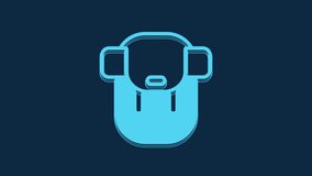 Blue Hiking backpack icon isolated on blue background. Camping and mountain exploring backpack. 4K Video motion graphic animation.