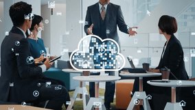 Group of people meeting in lobby and cloud computing concept. Software as a Service. SaaS. Communication network. ERP. Enterprise Resources Planning. - Powered by Shutterstock - Get 15% off with code: PIKWIZARD15