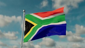 Seamless loop video of the flag South Africa waving on a metal flagpole, against the background of light clouds on a sunny day. Bottom right view, static camera.