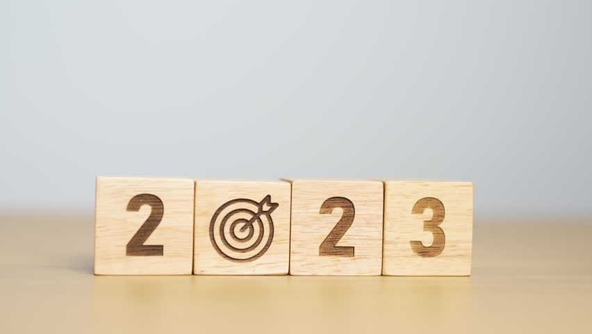 2023 year change to 2024 year block with dartboard icon. Goal, Target, Resolution, strategy, plan, Action, mission, motivation, and New Year start concepts Royalty-Free Stock Footage #1104634297