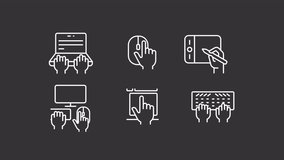 Animated digital devices white icons. Hands using computing devices line animation. Seamless loop HD video with alpha channel, transparent background. Motion graphic design for night mode