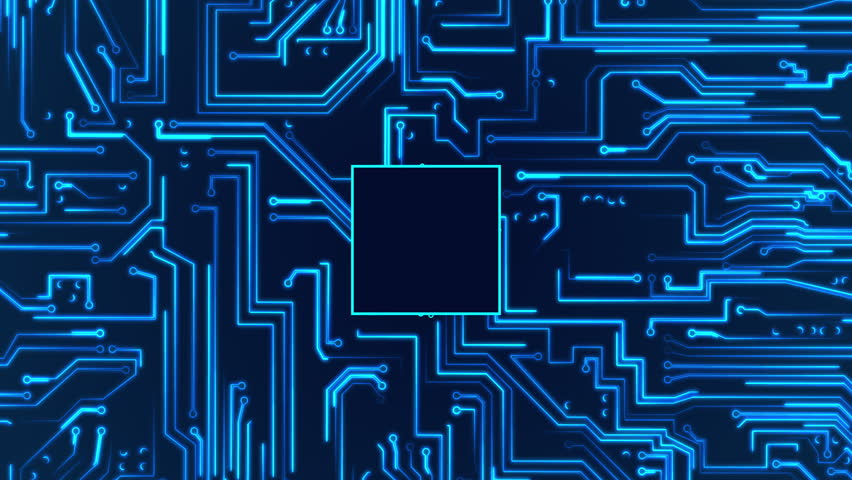 Circuit board with moving electrons and empty space square. Data flow on a motherboard. Glowing circuit boards and electronic components. Concept of digital communication, cloud computing, processing. Royalty-Free Stock Footage #1104642731
