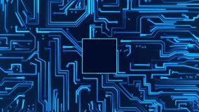 Circuit board with moving electrons and empty space square. Data flow on a motherboard. Glowing circuit boards and electronic components. Concept of digital communication, cloud computing, processing. - Powered by Shutterstock - Get 15% off with code: PIKWIZARD15
