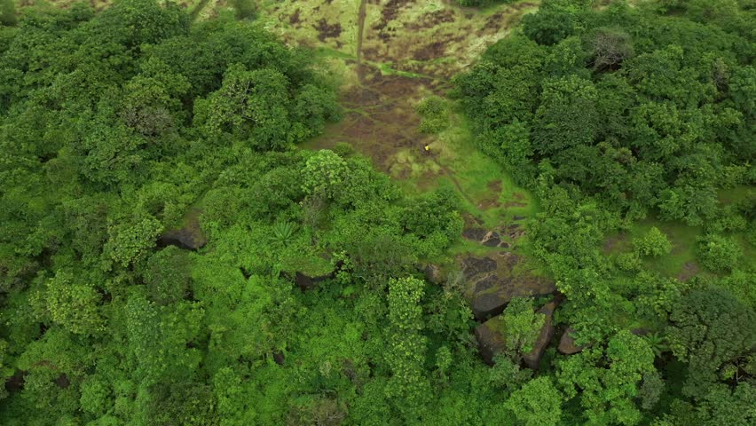 Aerial Drone Folows Couple of Friends Riding a Bicycle in the Lush Forest Countryside of South Goa, Galgibaga Beach, India