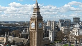 Parallax aerial drone video close up of Big Ben with London in background