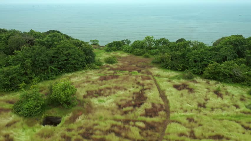 Aerial Drone Fly Above Green Landscape Reaching the Sea Water of Galgibaga Beach in Warm Summer, South Goa India