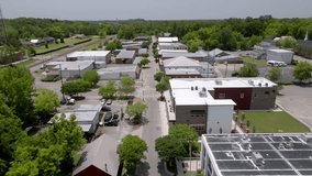 Downtown historic Thomasville, Alabama with drone video moving forward.