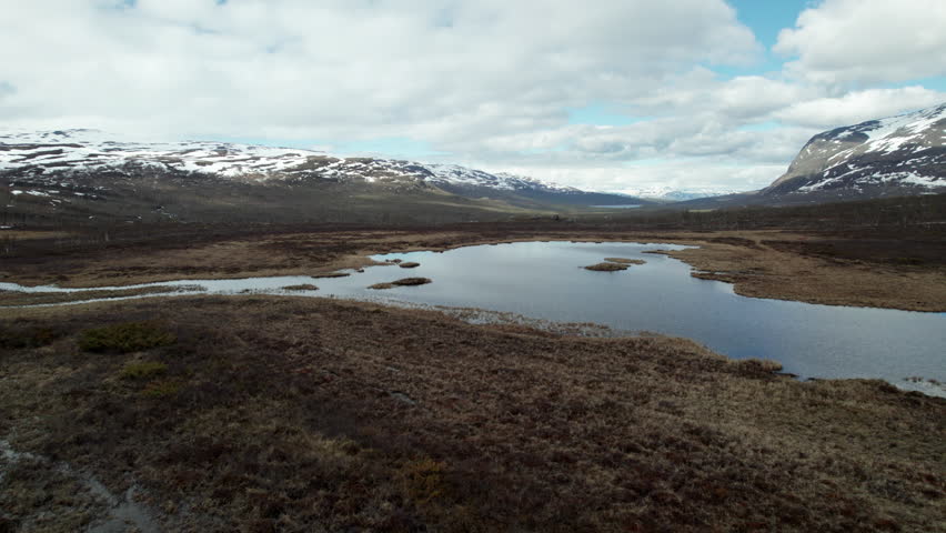Low Aerial View of Stunning Serene Swedish Mountain Lake Landscape, Summer on the Kungsleden in the Abisko National Park, Just above the Ground Close to the Lake