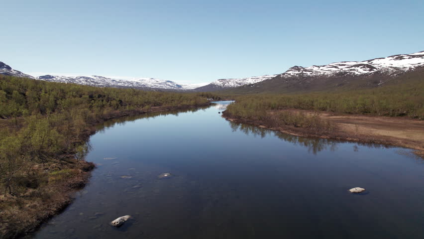 Aerial View of Stunning Serene Swedish River Landscape, Smoth as Glass, Calm River, Summer on the Kungsleden in the Abisko National Park, Near Abiskojaure