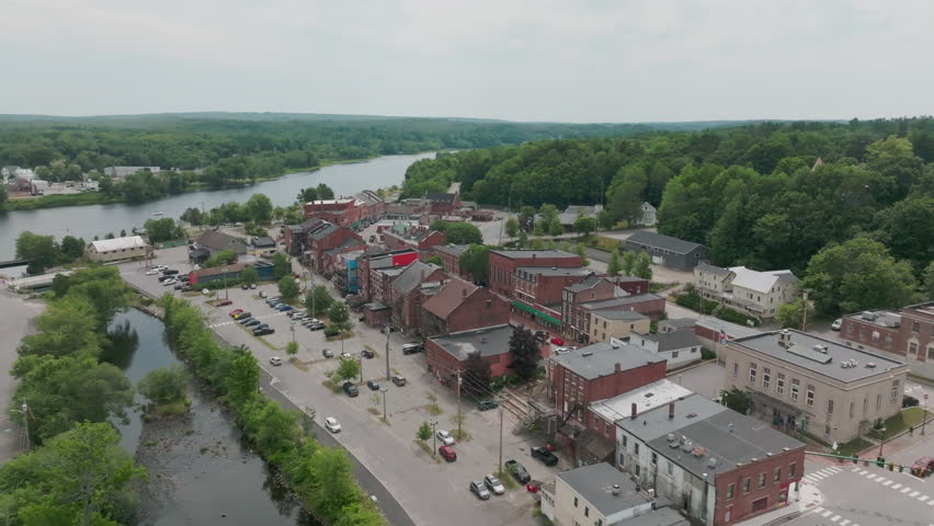 Slight Orbit Over Brick Buildings with River View - Bangor, Maine Drone Footage