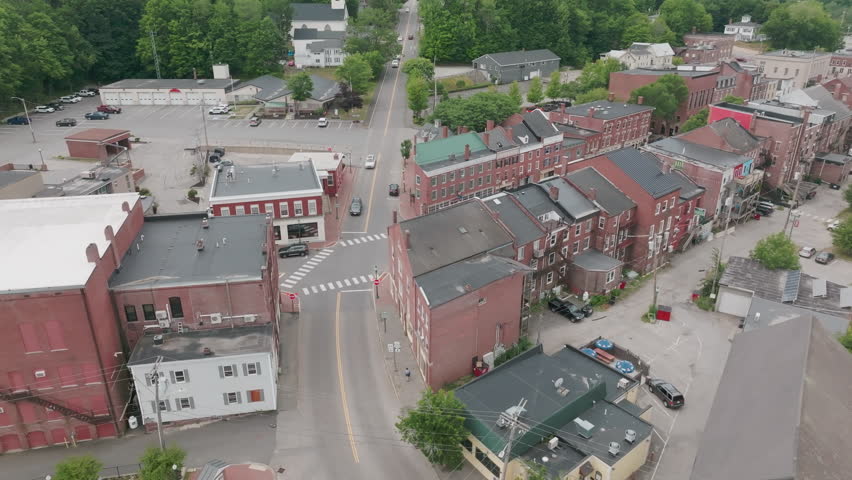 Downtown Bangor, Maine - Aerial Orbit of a Charming Street Corner