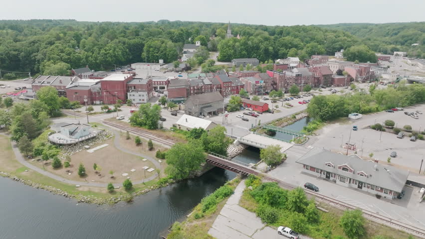 Aerial View of Downtown Bangor, Maine, with Railroad Tracks in Foreground