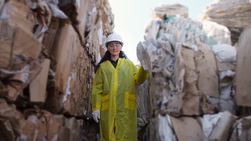Long-haired woman walks past pile of trash at waste sorting plant. Manager in hardhat explores warehouse with paper bales for recycling of unsorted trash