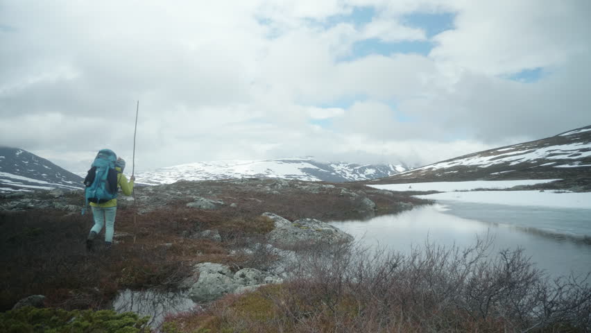 Lonely Blond Female Hiker Walking on the Kungsleden in The Swedish Mountains, Lots of Snow on the Trail, From Behind passing by a Lake