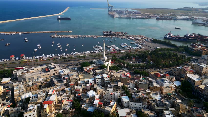 Aerial view El Mina coastal town in Lebanon with boat harbour