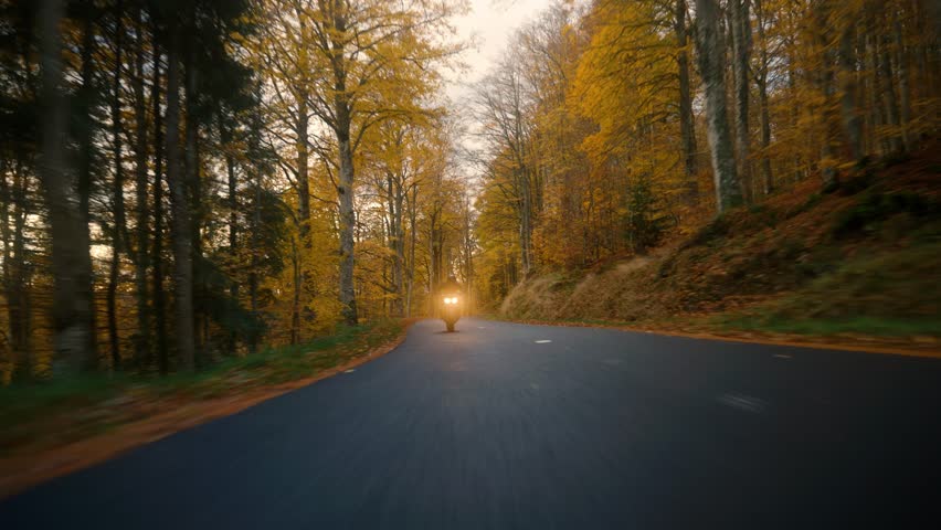rolling shot of a motorcycle driving and coming closer with lights on during fall on a narrow forest road Royalty-Free Stock Footage #1104661537
