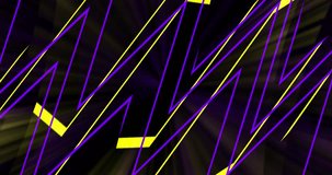 Purple and yellow beams of light zigzag against a dark background. Animated background and club video. Endless cycle. A loop