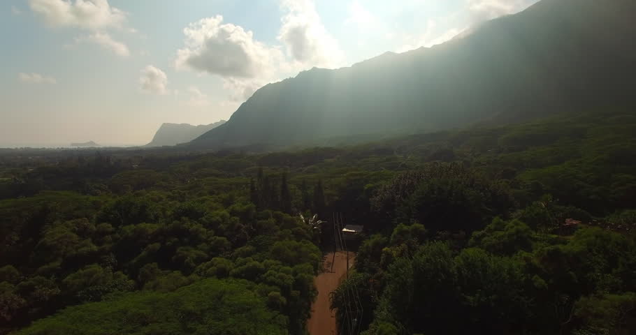 Aerial Shot Of Green Trees In Jungle Near Mountain Against Sky, Drone Flying Forward Over Natural Landscape On Sunny Day - Oahu, Hawaii
