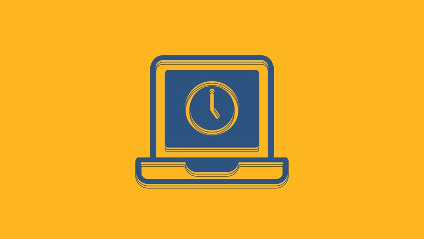 Blue Laptop time icon isolated on orange background. Computer notebook with empty screen sign. 4K Video motion graphic animation .