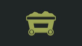 Green Mine cart with gold icon isolated on black background. 4K Video motion graphic animation.