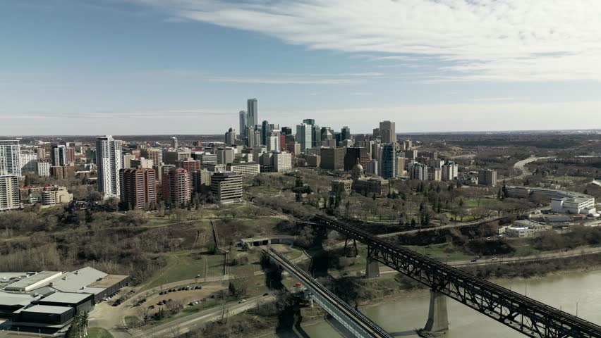Beautiful aerial footage of downtown Edmonton, Alberta and High Level Bridge in the spring after the snow melts.