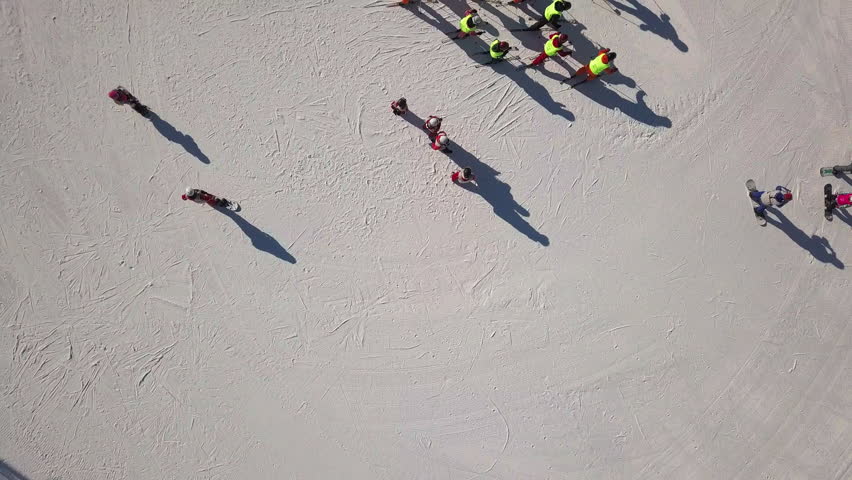 Top Down Aerial Shot of People Taking Ski Lessons on Ski Hill in Northern China