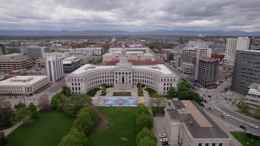 Beautiful drone panoramic view of Denver City Council building. Denver cityscape, United States