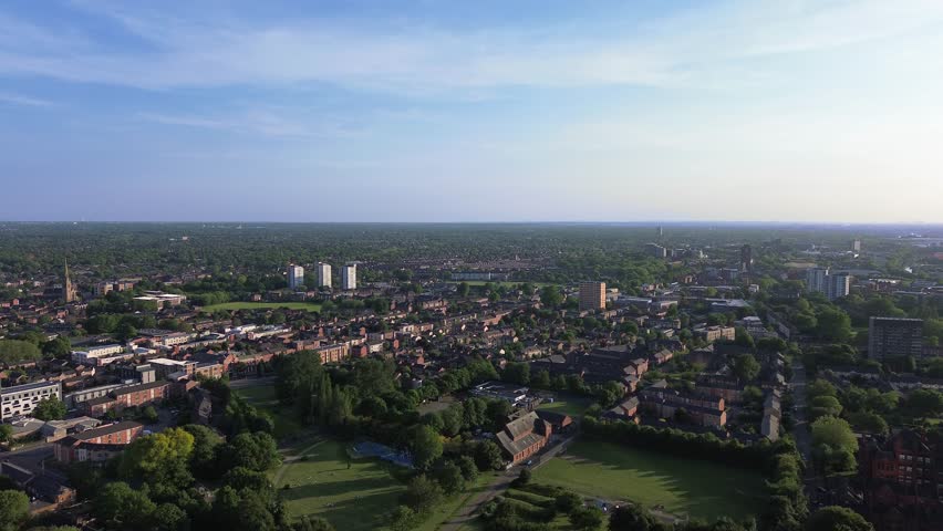 Aerial view of Manchester, business hub of northern power house, United Kingdom