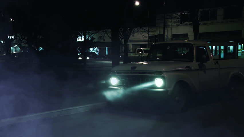 Old Pick Up Truck on a Street During a Misty Night in Buenos Aires Province, Argentina. 4K Resolution.