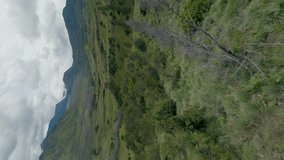 Vertical video. Cinematic Asian mountain valley with green grass volcano and cloudy sky wild landscape aerial view. FPV sport drone shot picturesque hilly terrain wild natural scenery plant rock cliff