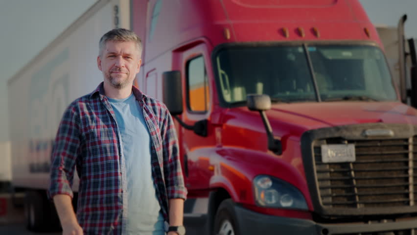 Professional Truck Driver approaches his red truck and Behind Him Parked Long Haul Semi-Truck  Royalty-Free Stock Footage #1104679937