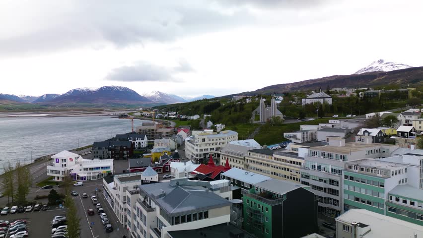 Aerial Pullback Away from Akureyri, Iceland. Located Near Eyjafjordur Fjord