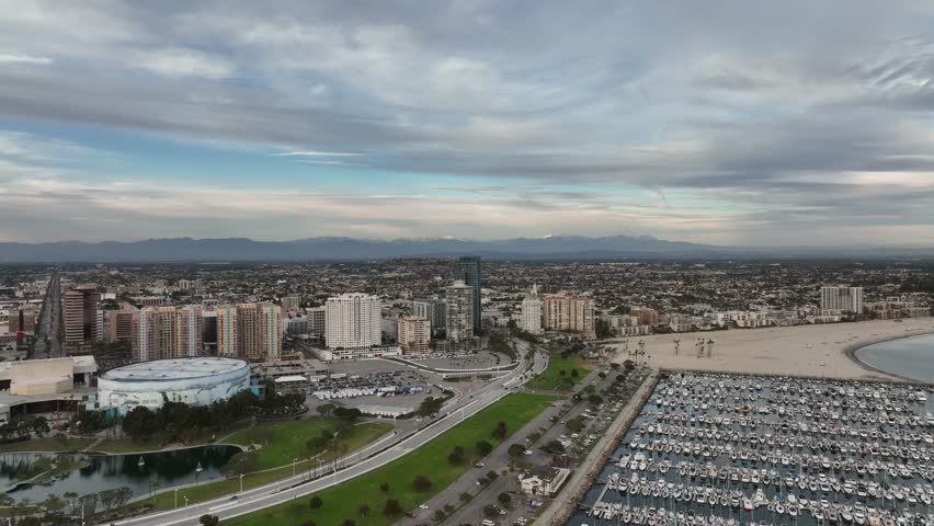 Shoreline Marina. Long beach california. Aerial view of Long Beach skyline. Top view from drone of long beach CA. Long Beach harbor with a boat.