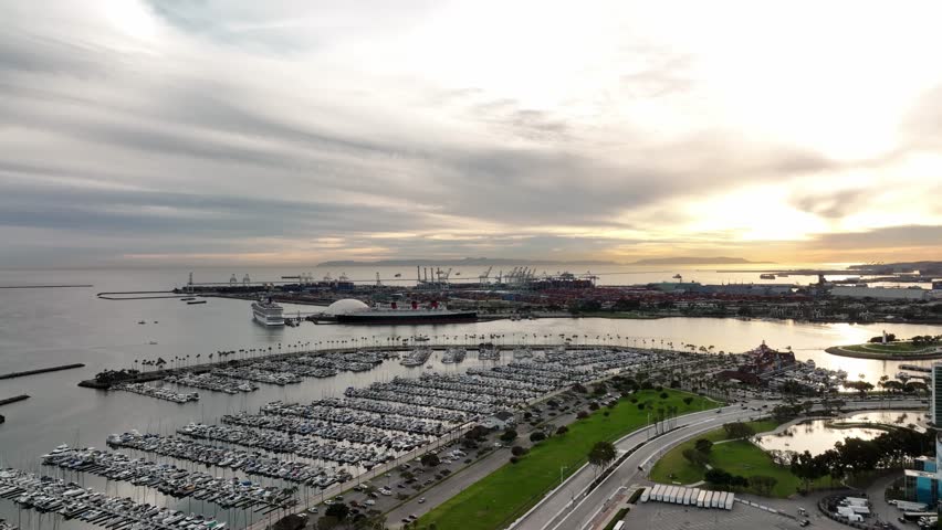Shoreline Marina. Long beach california. Aerial view of Long Beach skyline. Top view from drone of long beach CA. Long Beach harbor with a boat.
