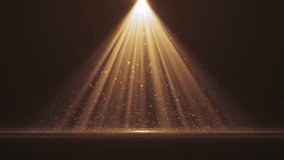 4K Spotlight with flying particles. Gold color rays. Empty scene with light for product. background. Isolated on black. 