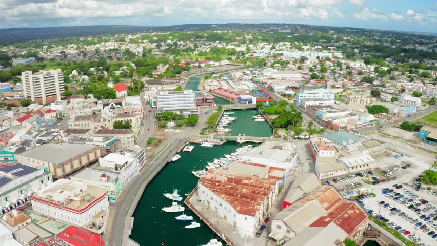 Establishing shot of bridgetown, barbados. Aerial wide view, horizon