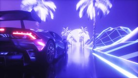This Stock Motion Graphics video shows a Futuristic Synthwave background with palms and car on a seamless loop

