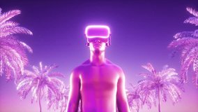 This stock motion graphics video shows a Man character walking in the middle of the road with palm trees synthwave and retro-futuristic backgroun on a seamless loop.

