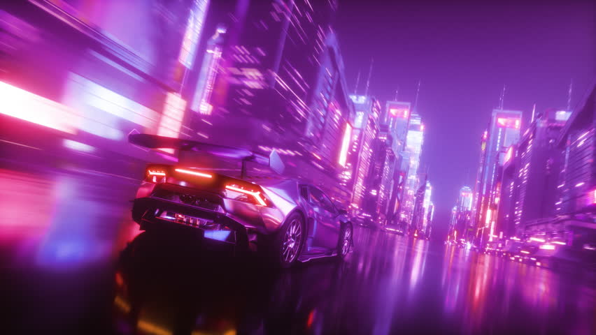 3D futuristic cyberpunk car speeding along a road with futuristic sci-fi city with neon lights at night time in seamless loop background.

 Royalty-Free Stock Footage #1104689067
