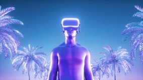 This stock motion graphics video shows a Man character walking in the middle of the road with palm trees synthwave and retro-futuristic backgroun on a seamless loop.

