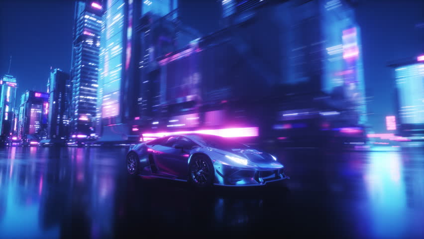 3D futuristic cyberpunk car speeding along a road with futuristic sci-fi city with neon lights at night time in seamless loop background.

 Royalty-Free Stock Footage #1104689135
