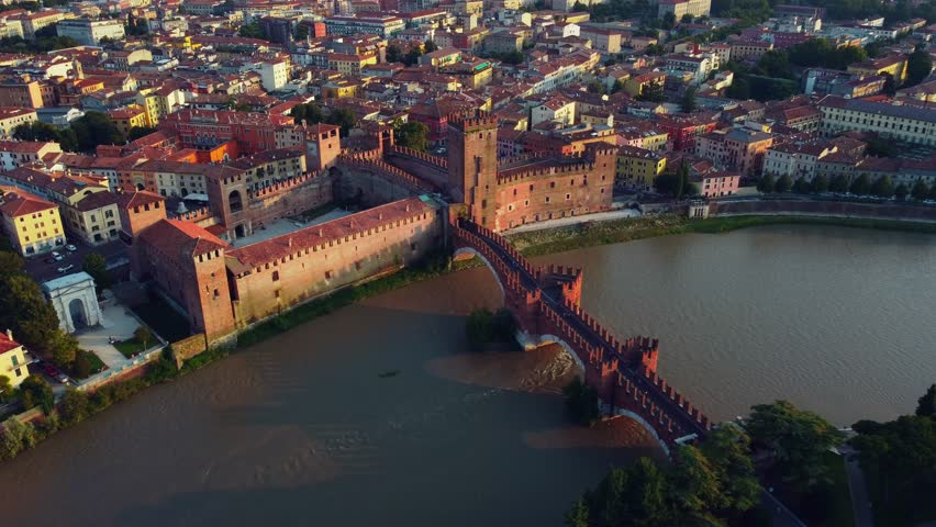 Castelvecchio Bridge Top view of the historic city of Verona in Italy. Aerial view of the city of Verona, Italy. Aerial view of the historic Italian city of Verona. Royalty-Free Stock Footage #1104690373
