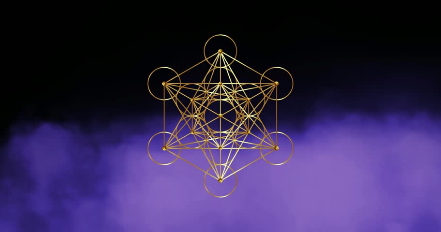 Video animation Metatron Cube, Flower of Life. Golden Sacred geometry, purple graphic fog smoke black background. Mystic gold icon platonic solids, abstract geometric drawing, crop circles Royalty-Free Stock Footage #1104690965