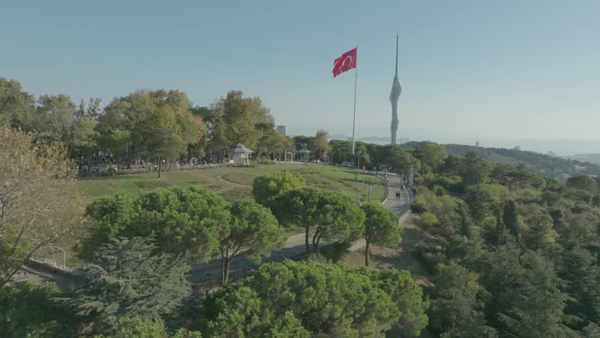 Aerial view of Camlica Television Radio Tower, Istanbul Türkiye. Communication Tower back side Istanbul view