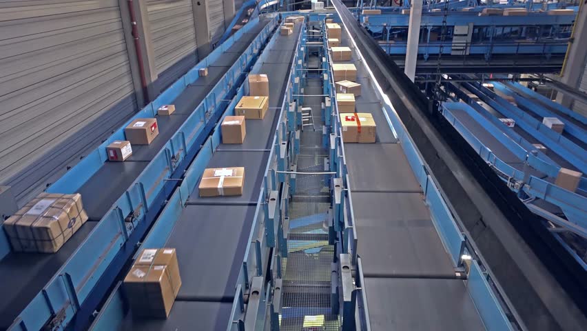 Conveyors with parcel time lapse - 9999 percent faster than the original speed Royalty-Free Stock Footage #11046932