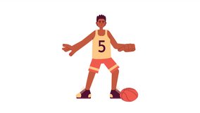 Animated basketball player. African american sportsman dribbling basketball isolated 2D animation. Cartoon flat character 4K video footage, white background, alpha channel transparency for web design